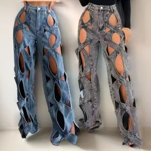 Nouveau design, jean droit taille haute de haute qualité, sexy, style urbain décontracté, 100% coton, délavé à l'acide, broderie ajourée, lavable - Product Image 1