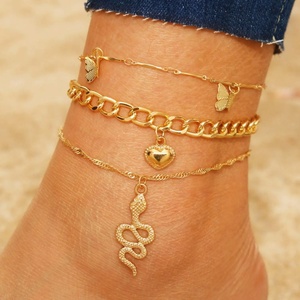 Chaîne de cheville étanche en acier inoxydable pour femme, motif serpent, papillon, chaîne dorée, avec zircon cœur, pour la plage - Product Image 2