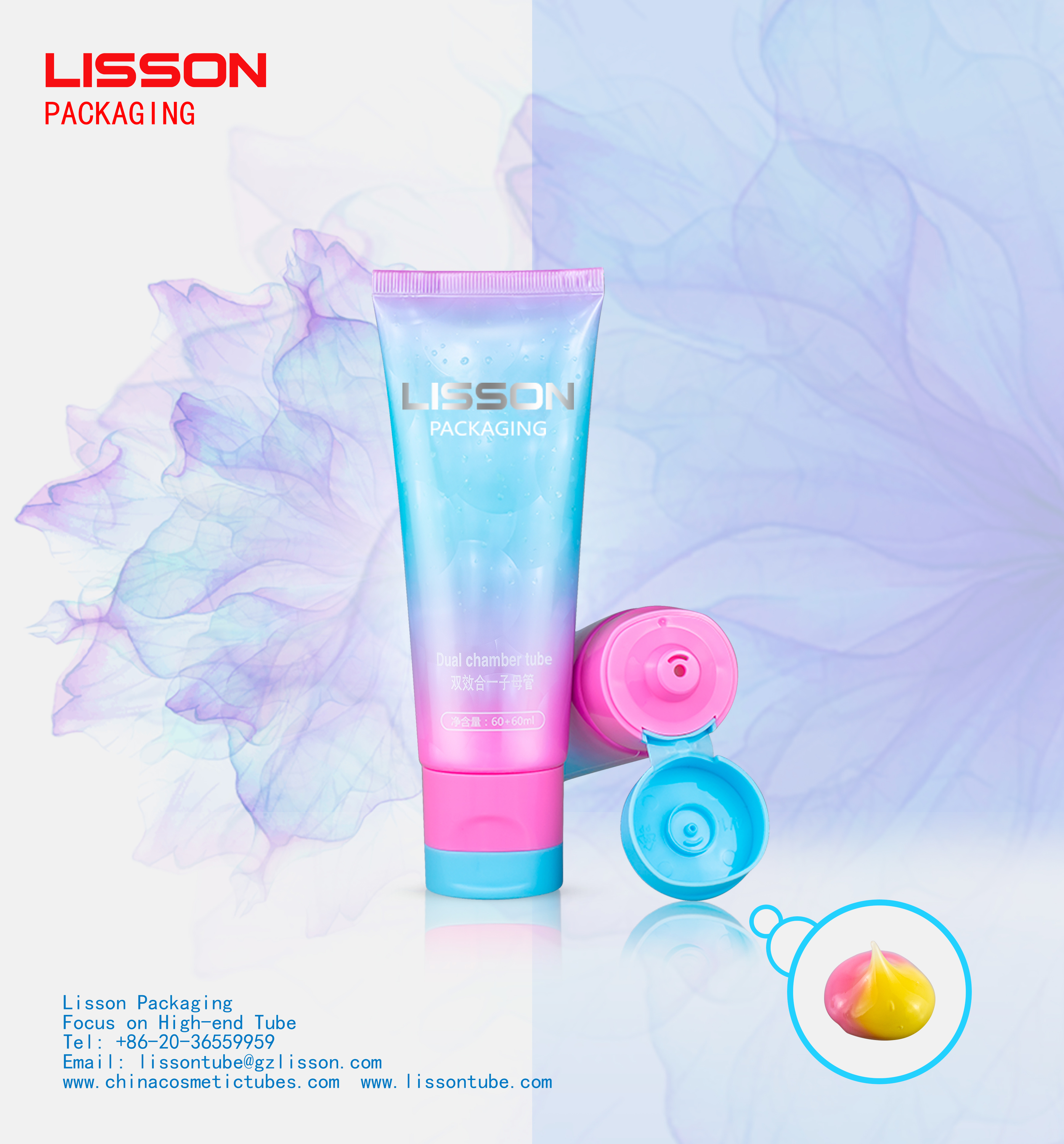 60ml 60ml eco amigable vacía 2 en 1 doble cámara de embalaje de Tubo con doble color flip top tapa