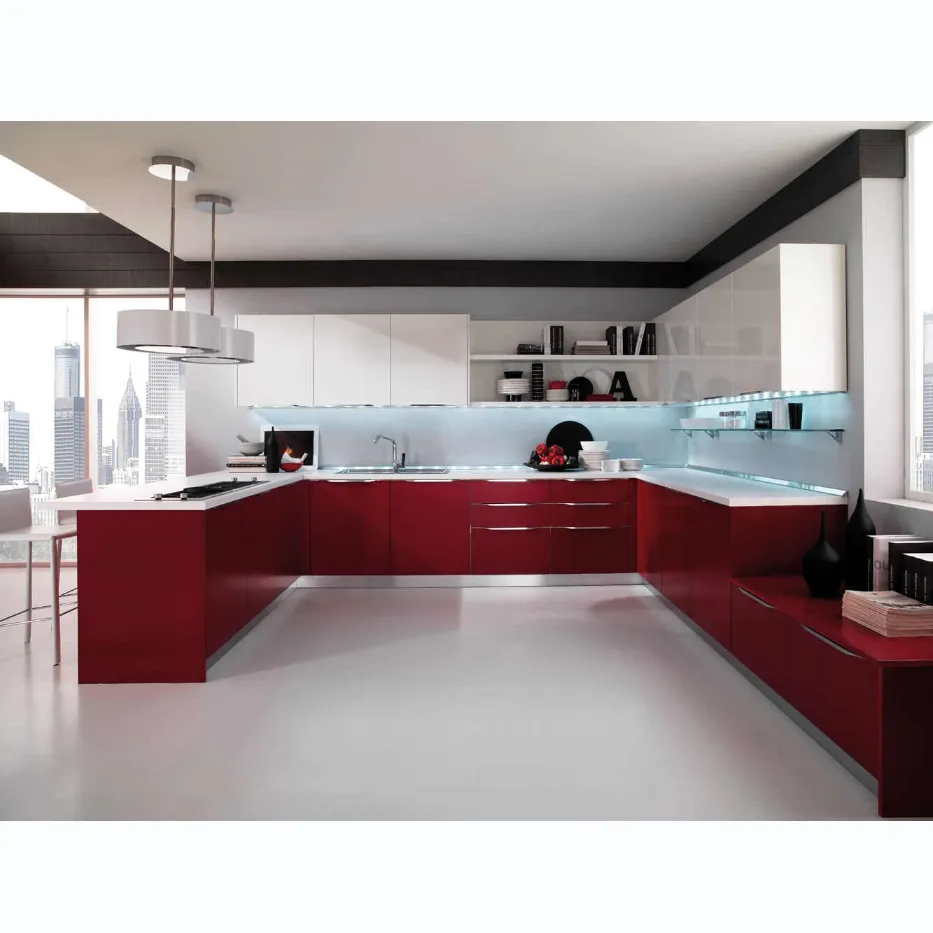 Armoires de cuisine avec peinture en laque rouge brillante, colorée, design moderne, à vendre, nouveau modèle