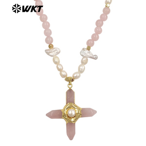 Collar WT-JN375 de Alta Calidad para Mujer, Hermoso, Chapado en Oro, con Cuentas de Amatista Natural y Perlas, con Colgante de Cruz de Piedra - Product Image 3