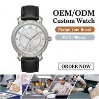 Montre de luxe pour femme avec lunette sertie de pierres, index en diamant, montre personnalisée, affichage analogique, mouvement à quartz, bracelet en cuir