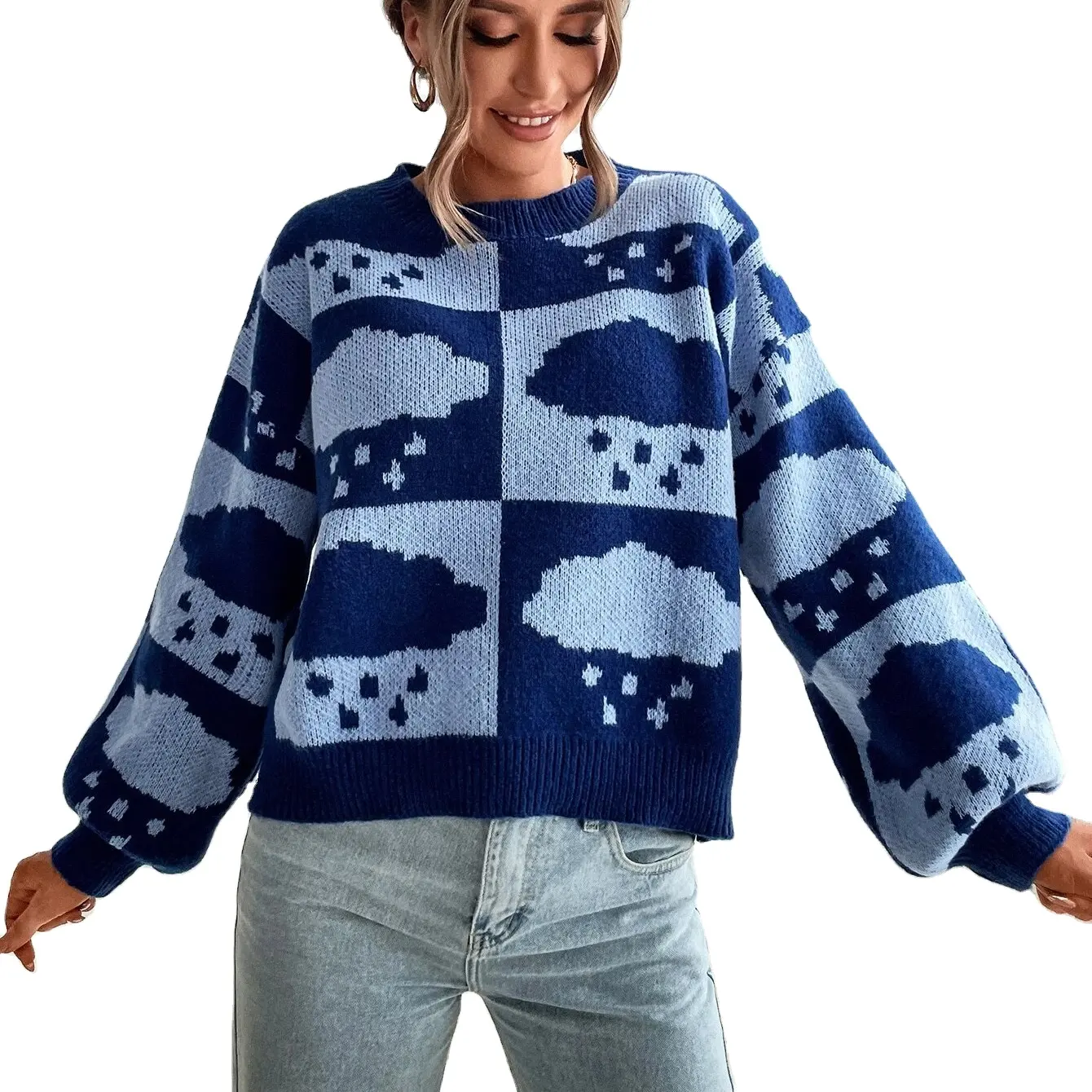 wholesale custom logo women Color block stitching pullover lantern sleeve jumper knit jacquard cloud sweater