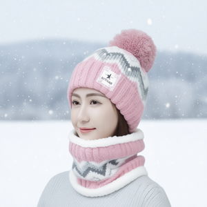 Conjunto de gorro y bufanda de punto, 2 piezas, patrón geométrico teñido con hilo, acrílico, cálido para invierno, para adultos, talla mediana - Product Image 2