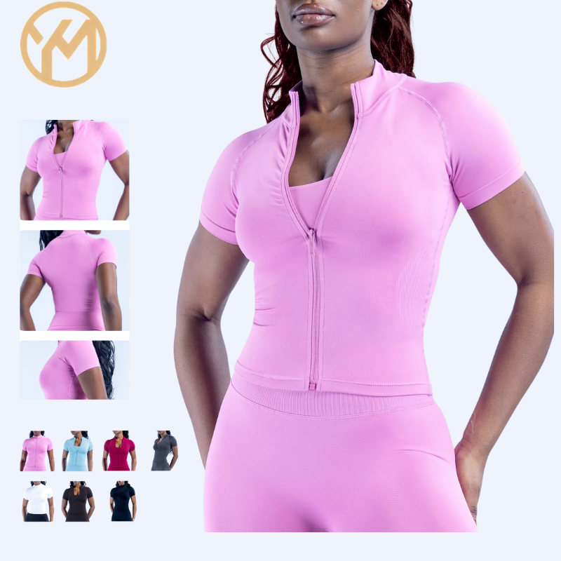 YIMO Women's Slim-Fit Zippered Short-Sleeve Yoga Top with Tummy Control Quick-Dry for Fabric Solid Pattern for Outdoor Fitness