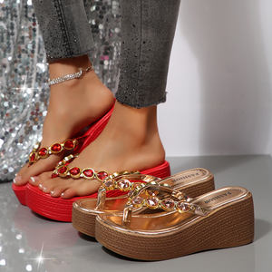 <span class=keywords><strong>Sandali</strong></span> con Zeppa in PU Traspirante con Cristalli, Versatili ed Eleganti, Ciabatte con Tacco a Piattaforma Marrone Testurizzato, Comode e Facili da Indossare - Product Image 6