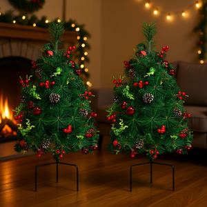 2 Árboles de Navidad Artificiales de 29 Pulgadas con Bayas, Piñas y Adornos, Ramas Flexibles, Base de Plástico para Decoración Interior - Product Image 2