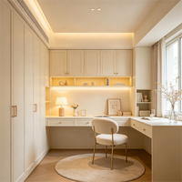 Table d'étude d'angle en L moderne en contreplaqué crème, non toxique, sans formaldéhyde, avec bande lumineuse LED et armoire intégrée
