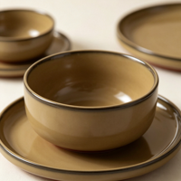Nouvel Arrivage EKA 2026 – Ensemble de Vaisselle Rustique en Grès Mat 16 Pièces, Assiettes, Bols et Tasses en Céramique Jaune Terre avec Bordure Foncée Rétro