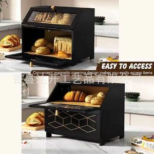 Wooden Bread Box Double Layer Storage <b>Container</b> With Glass Lid And Geometric Design For Kitchen Use - Product Image 4
