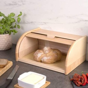 Beech Wood Bread Bin 39x25x18 Cm Roll Up Lid <b>Storage</b> <b>Container</b> For <b>Kitchen</b> Use - Product Image 5
