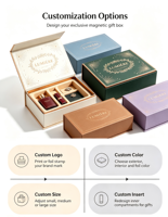 Boîte cadeau à couvercle magnétique avec support intérieur, en matériaux recyclés écologiques, impression quadricolore et décoration dorée