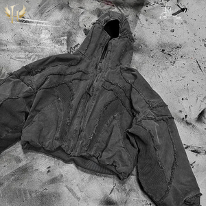 Đảo ngược đau khổ khâu trống Đen Hoodies thời trang dạo phố cổ điển Mens Boxy phù hợp với nguyên HEM đá axit rửa Mens Áo khoác - Product Image 2