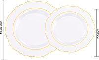 Assiettes jetables en plastique blanc doré style baroque, 60 pièces, 10,25 pouces, 30 assiettes à salade 7,5 pouces, robustes pour mariage/bébé