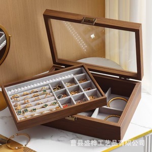 Caja de joyería de madera de doble capa con tapa abatible, compartimento acrílico para almacenamiento de anillos, pendientes, collares, organizador rectangular 18L - Product Image 3