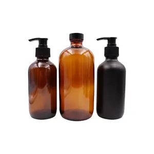 Amber Boston Bottle 2oz 4oz 8oz 16oz Round Shaped Brown Glass Shampoo Pump Bottle With Black Pump Sprayer