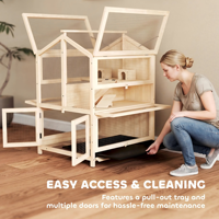 Jaula de madera para hámster, casa para animales pequeños con plataforma de malla de alambre, bandeja extraíble, techo inclinado, multinivel, para mascotas de interior