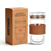 Tasse à café en verre borosilicate à double paroi personnalisable de 360 ml avec manchon en silicone anti-brûlure et couvercle pour les voyages, le quotidien et le bureau