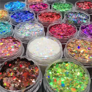 Mélange holographique coloré lumineux gros corps paillettes flocons poudre Polyester hexagone en vrac en gros 24 couleurs pour gobelets bricolage