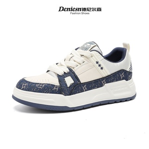 Chaussures à plateforme imprimées en jean pour hommes, chaussures décontractées vintage bleues et marron à semelles épaisses et talons hauts, chaussures polyvalentes et tendance - Product Image 2
