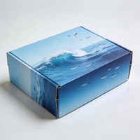Boîtes d'emballage et d'expédition de luxe sur mesure en carton ondulé imprimé vagues océaniques pour vêtements de boutique avec logo bleu