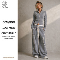 Ensemble pantalon deux pièces en tissu molletonné gaufré, haut court zippé à col montant, survêtement décontracté pour femme, marque d'usine