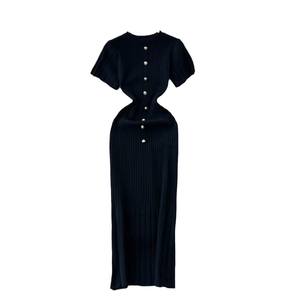 Women's Hot <strong>Pink</strong> Ribbed Knit Maxi <strong>Dress</strong> Short Sleeve Pearl Button Decor Bodycon Long <strong>Dress</strong> Elegant Party Evening <strong>Dress</strong> - Product Image 4