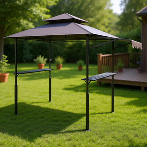 Gazebo a due livelli per barbecue 8x5 piedi con ripiano e tenda, struttura in acciaio rinforzato, copertura per pergola da esterno - Product Image 2
