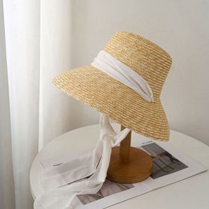 Wholesale Female <b>Straw</b> Hat With Satin Ribbon Wheat <b>Straw</b> Beach Hats Women Wide Brim Sun Bucket Hat - Product Image 3