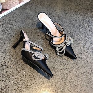 Wholesale Summer Black Sexy Pointed Pumps New Fashion Transparent Rhinestone Bow Thin Heel Shoes - Product Image 3