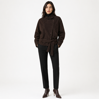 Manteau court d'hiver décontracté pour femme en daim véritable marron, coupe-vent avec fermeture éclair, manches classiques et doublure en polyester
