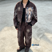 Ensemble de vestes streetwear OEM en gros, style délavé à l'acide, effet usé, décoloré par le soleil, avec strass Vierge Marie