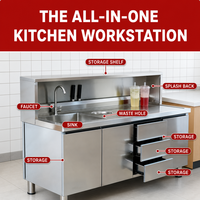 Table de travail de cuisine professionnelle en acier inoxydable avec évier et armoire de rangement pour la préparation des fruits et le lavage de la vaisselle, taille personnalisable pour la maison