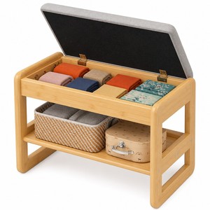 Banc à chaussures d'entrée en bambou avec coussin et couvercle relevable pour couloir, buanderie, <span class=keywords><strong>chambre</strong></span> – Organisateur de chaussures - Product Image 1