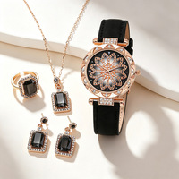 Ensemble de montres pour femmes avec cadran rond de 33 mm, bracelet en PU, bijoux carrés en strass pour un usage quotidien décontracté