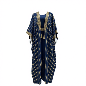 Vestido Interior Abierto Azul de Lujo, Vestido Islámico de Verano de Poliéster Transpirable y Ligero con Rayas Doradas, Abaya de Dos Piezas, Vestido Modesto - Product Image 4