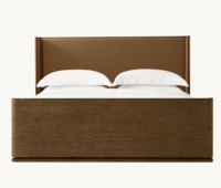 Lit plateforme traditionnel RH LIGNE Double Queen/King avec tête de lit en tissu blanc éclatant et cadre en chêne massif chaud