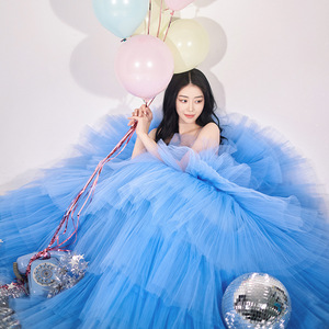 Blue Off Shoulder Tulle Long Skirt Performance Wear For Women Stage Dress Princess Petticoat Style - Product Image 4