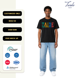 T-shirt en coton noir TaiDe avec logo personnalisé, imprimé multicolore effet vieilli, col rond, fabricant <span class=keywords><strong>de</strong></span> vêtements OEM ODM en gros - Product Image 1