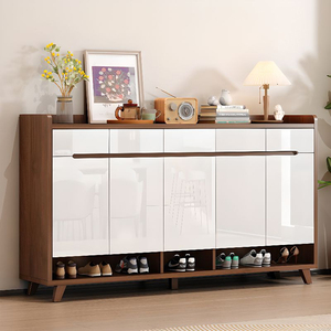 収納キャビネットモダンデザインリビングルームエントリーウォールナット無垢材高さ調節可能 - Product Image 4