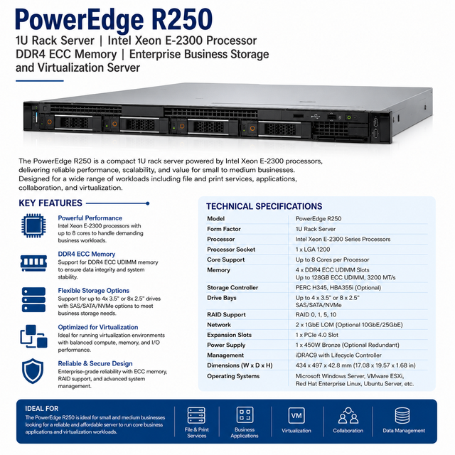 PowerEdge R250 1U Rack Server Intel Xeon E-2300 Processor DDR4 ECC Memory Enterprise Business Storage and Virtualization Server