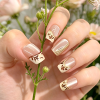 Faux ongles à presser en ABS, motif feuille de bambou French Tip, courts carrés, finition brillante, ligne dorée nude, réutilisables, pour doigts, motif œil de chat
