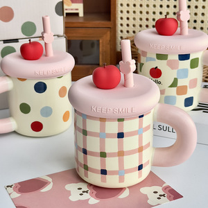 Creative pink Milk Coffee Cup Cute apple Mug Ceramic Water Mug with Straw - Product Image 3