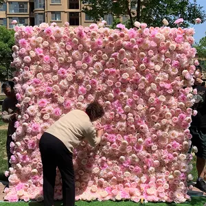 Penjualan terlaris merah muda bunga buatan gulungan dinding palsu panel bunga latar belakang 5d bunga dinding kuas dekorasi latar belakang pernikahan