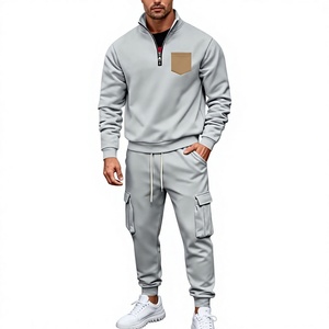 Ensemble survêtement décontracté pour homme : sweat à capuche col montant zippé et pantalon de jogging, couleur unie, polaire respirante en polyester/coton, idéal pour l'hiver - Product Image 1