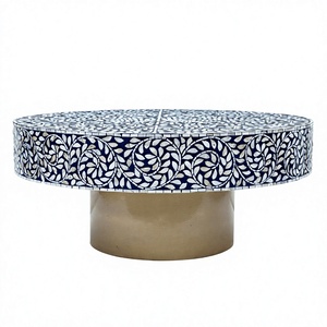 Blue & <b>White</b> Floral Inlay <b>Extendable</b> Coffee <b>Table</b> Gold-Tone Pedestal Base | Modern Luxury Handcrafted Living Room Center <b>Table</b> - Product Image 1