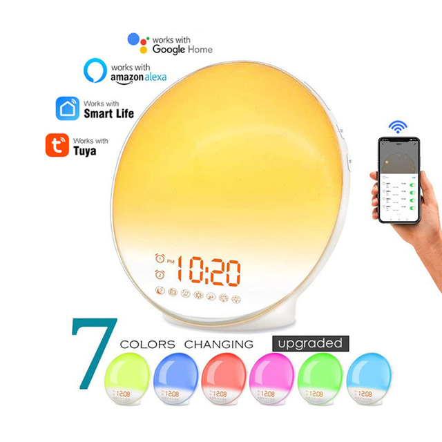 WiFi Smart Voice FM Radio Alarm Clock Bedroom Simulated Sunrise Wake-up LED Photo Atmosphere Light