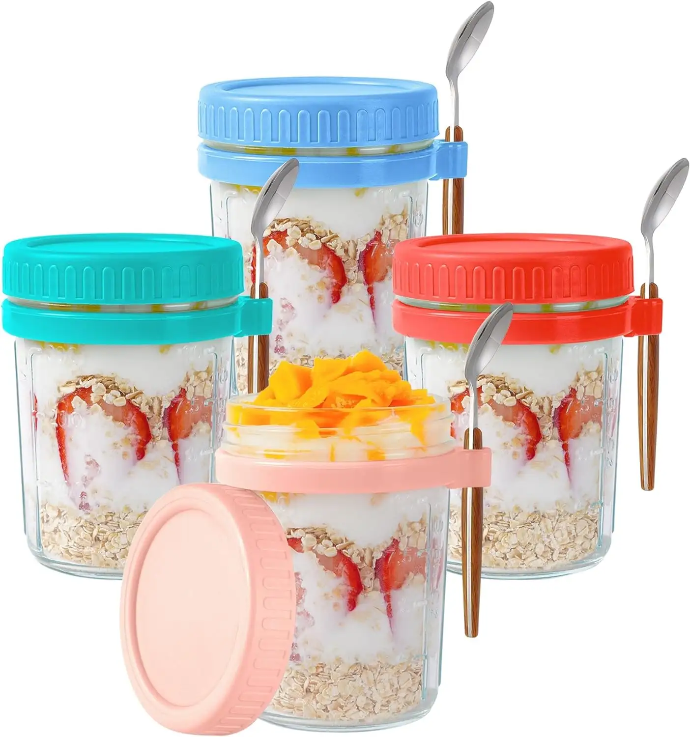 Venta al por mayor de 4 piezas de vidrio frascos de almacenamiento de alimentos con cucharas y tapas 350ml tarro de avena Mason para Avena leche cereales fruta