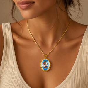 Pendentif Catholique Saint George TIMEMUSE en Turquoise Naturelle, Nacre et Lapis Lazuli, Pendentif Religieux en Pierre Précieuse Peint à la Main - Product Image 6