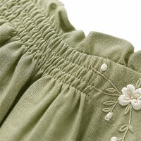 Robe midi femme en mélange lin-soie 160 GSM, col carré, manches bouffantes, taille smockée, style pastoral néo-zélandais, vente en gros, personnalisable OEM